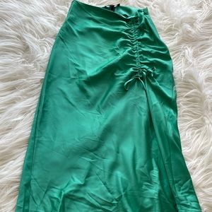 Forever 21 ruched drawstring satin green skirt